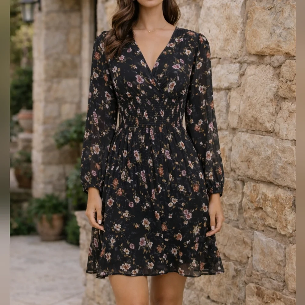 Guess XS Floral Smocked Waist Long-Sleeve Dress in Black Mini Spring Old Money - Picture 1 of 5